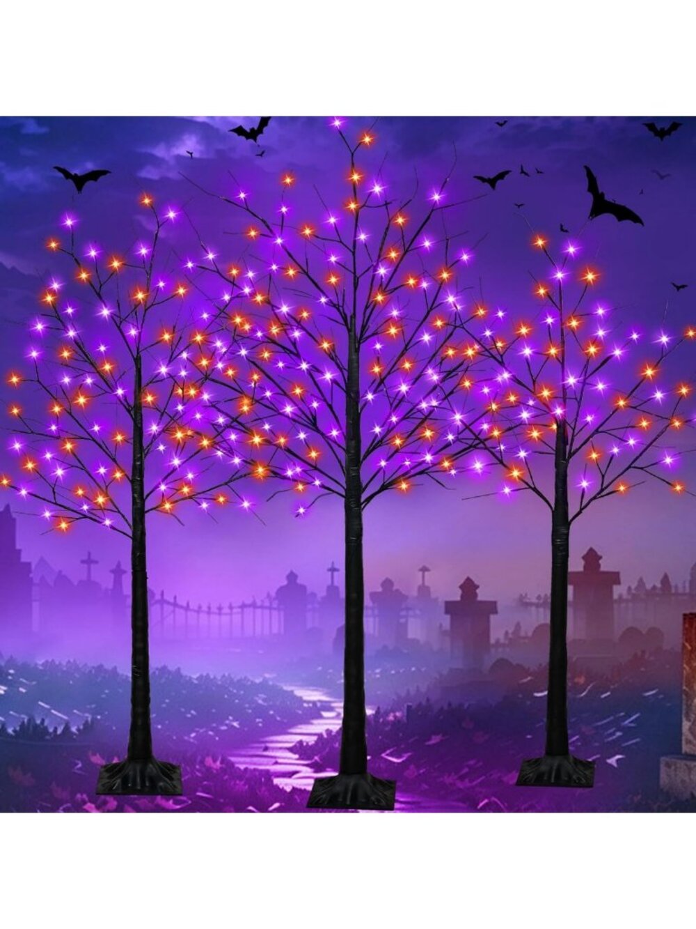 Set of 3 Lighted Halloween Tree Lights - 4FT, 5FT, 6FT - 300 LED Orange & Purple